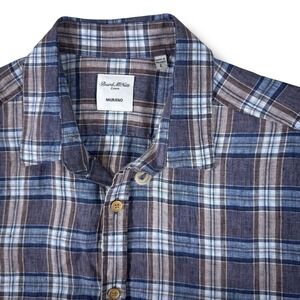 Baird McNutt Linen Shirt Men's Large Plaid Button Up Short Sleeve Murano‎